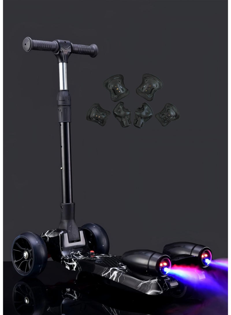 سكوتر ثلاثي العجلات قابل للطي للأولاد والبنات، مزود بعجلات LED مضيئة، وموسيقى بلوتوث، ورذاذ ماء، وتأثيرات دخان، وآمن للتوجيه بالانحناء، مناسب للأعمار من 3 إلى 14 عامًا، ويشمل مجموعة معدات الحماية. - Image 1